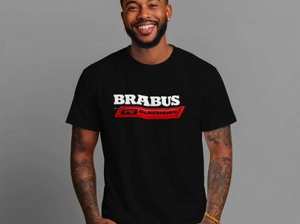 Man wearing a black t-shirt with 'BRABUS' logo on a gray background