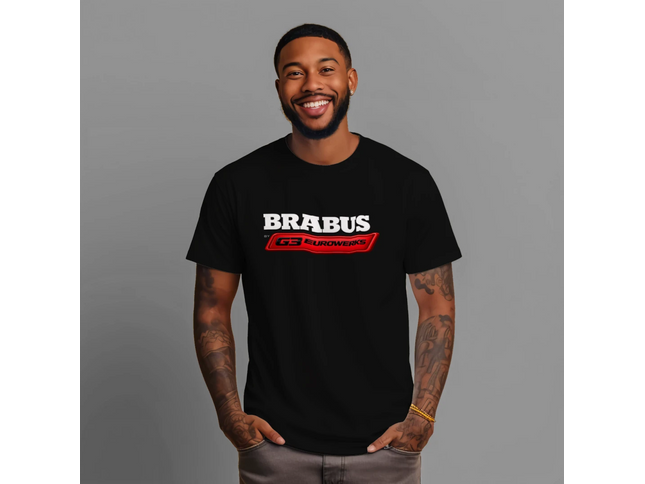 Man wearing a black t-shirt with 'BRABUS' logo on a gray background
