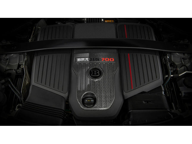 Car engine with a prominent brand logo on a dark background