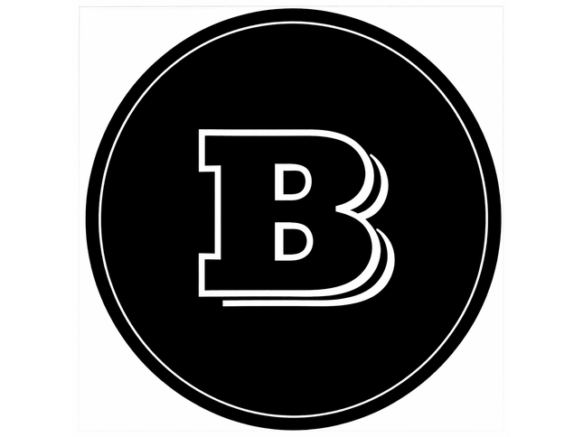 Black circle with a white 'B' logo on a white background