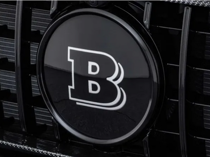 Close-up of a car grille with a prominent 'B' logo on a dark background