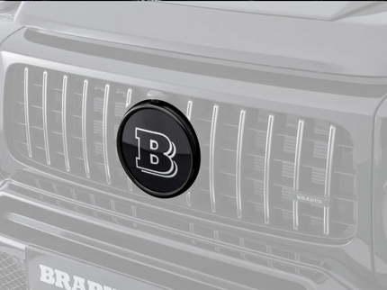 Close-up of a car grille with a brand logo on a gray background