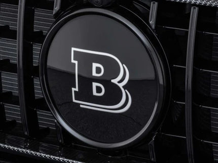 Close-up of a black emblem with a white 'B' logo on a vehicle grille.