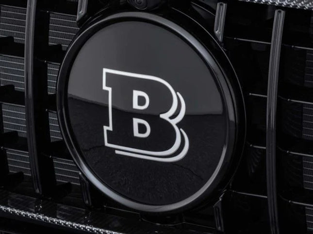 Close-up of a black emblem with a white 'B' logo on a vehicle grille.