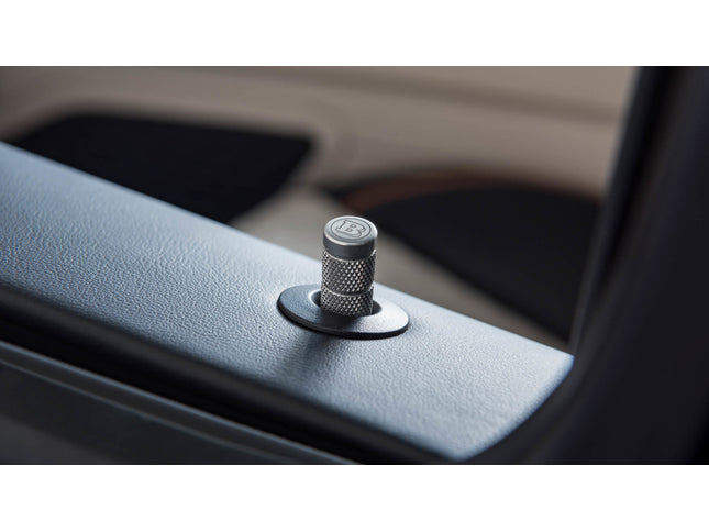 Metallic valve cap on a car door panel