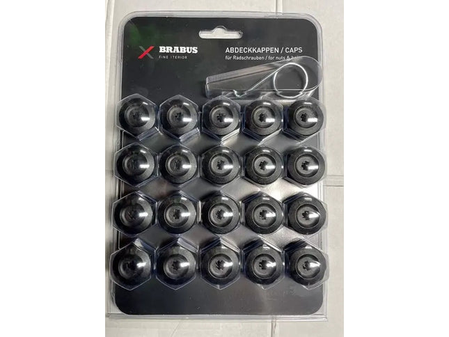 Pack of Brabus wheel nut covers with a clear plastic cover on a white background