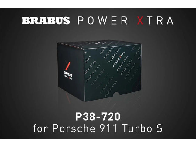 Brabus Power Xtra packaging box for Porsche 911 Turbo S on a dark background