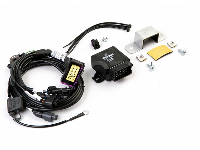 Automotive wiring harness and connectors on a white background