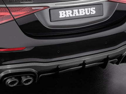Car rear with Brabus branding on a dark background