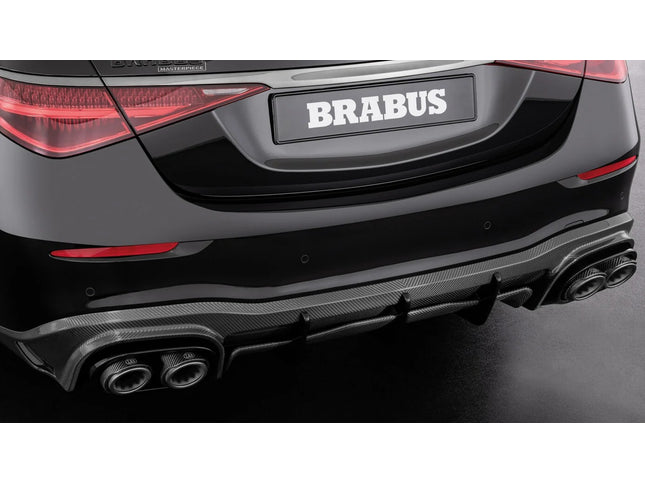 Car rear with Brabus branding on a dark background