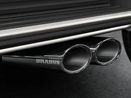 Close-up of a car exhaust with Brabus branding in black and white.