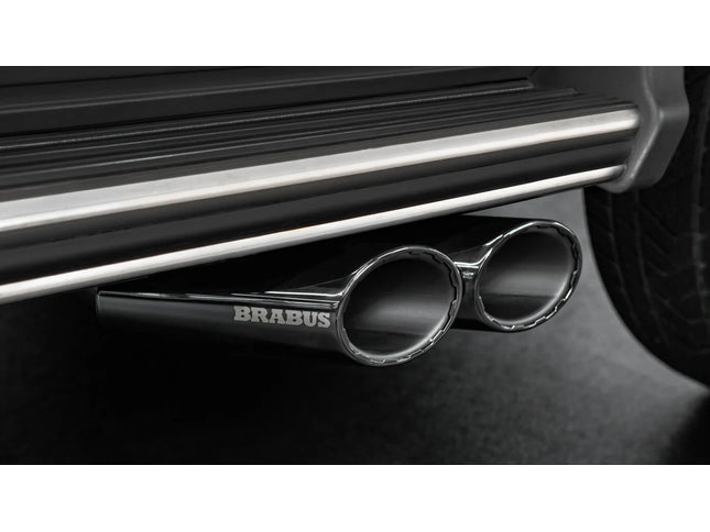 Close-up of a car exhaust with Brabus branding in black and white.